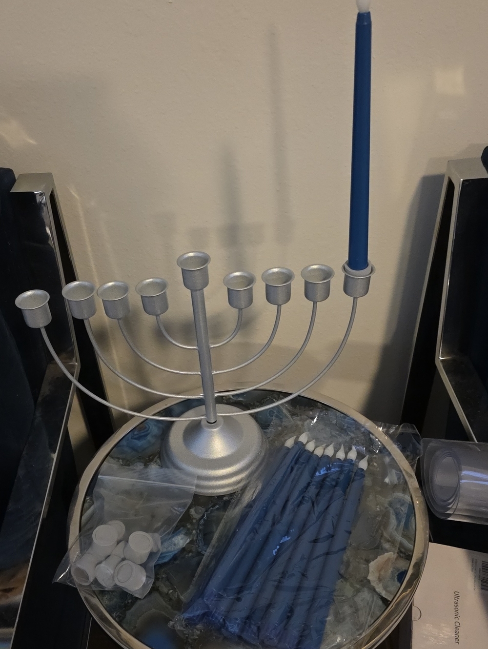 NEW Silver Menorah with Blue Flameless Candles